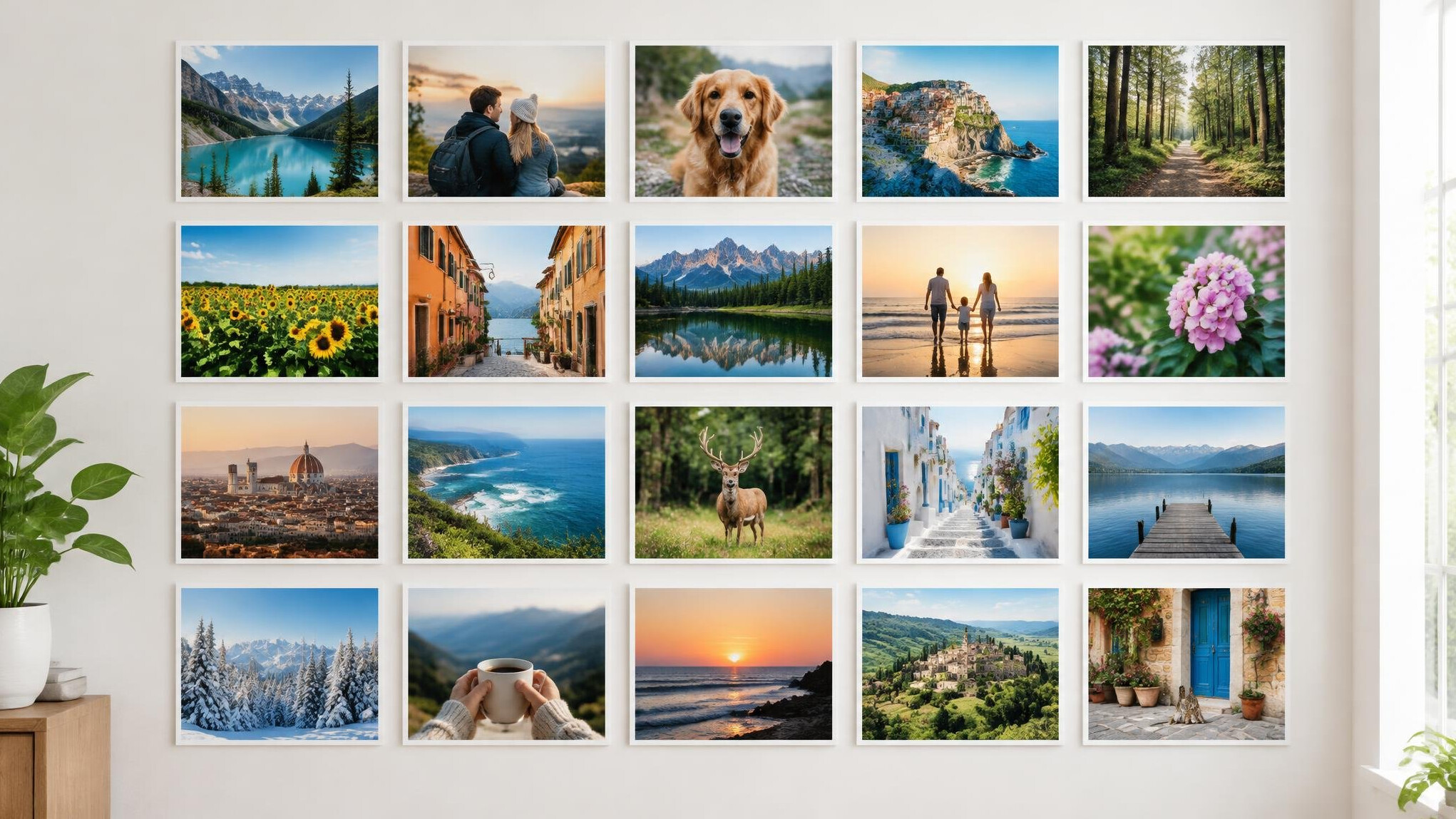 Wall of printed photographs arranged in a neat grid