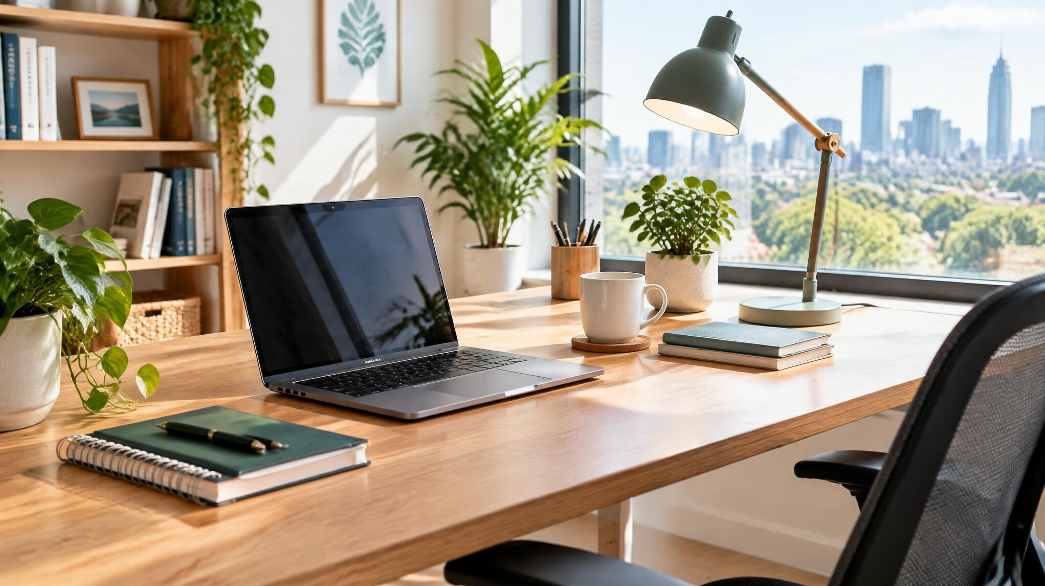 Bright home office workspace with a laptop and notebooks