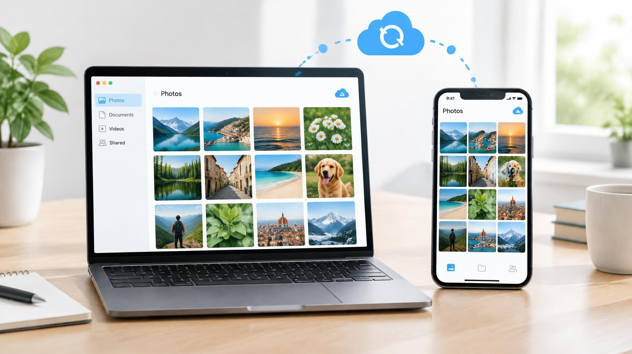 Cloud storage concept with a laptop and a phone synced