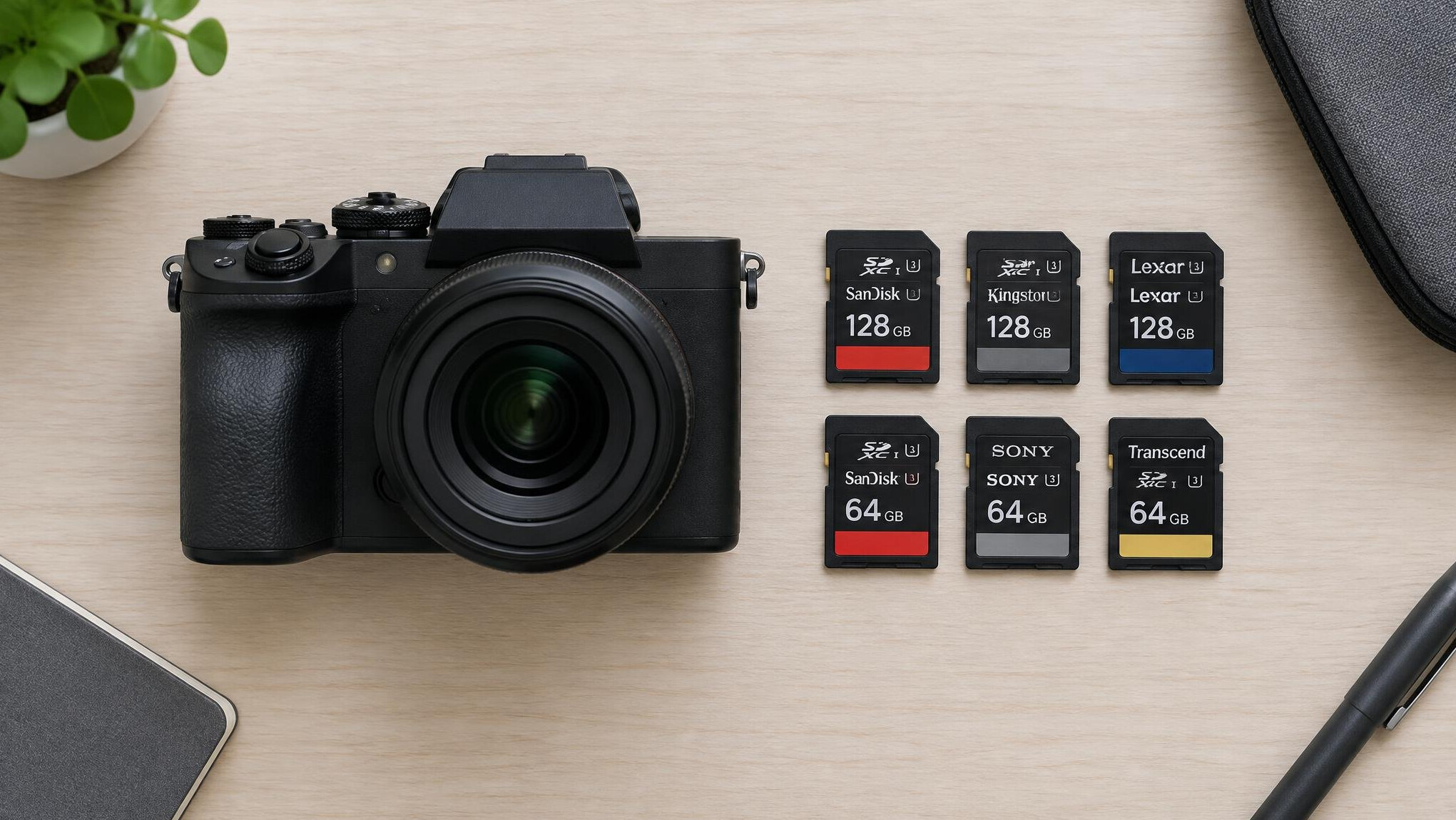 Camera and memory cards laid out on a desk