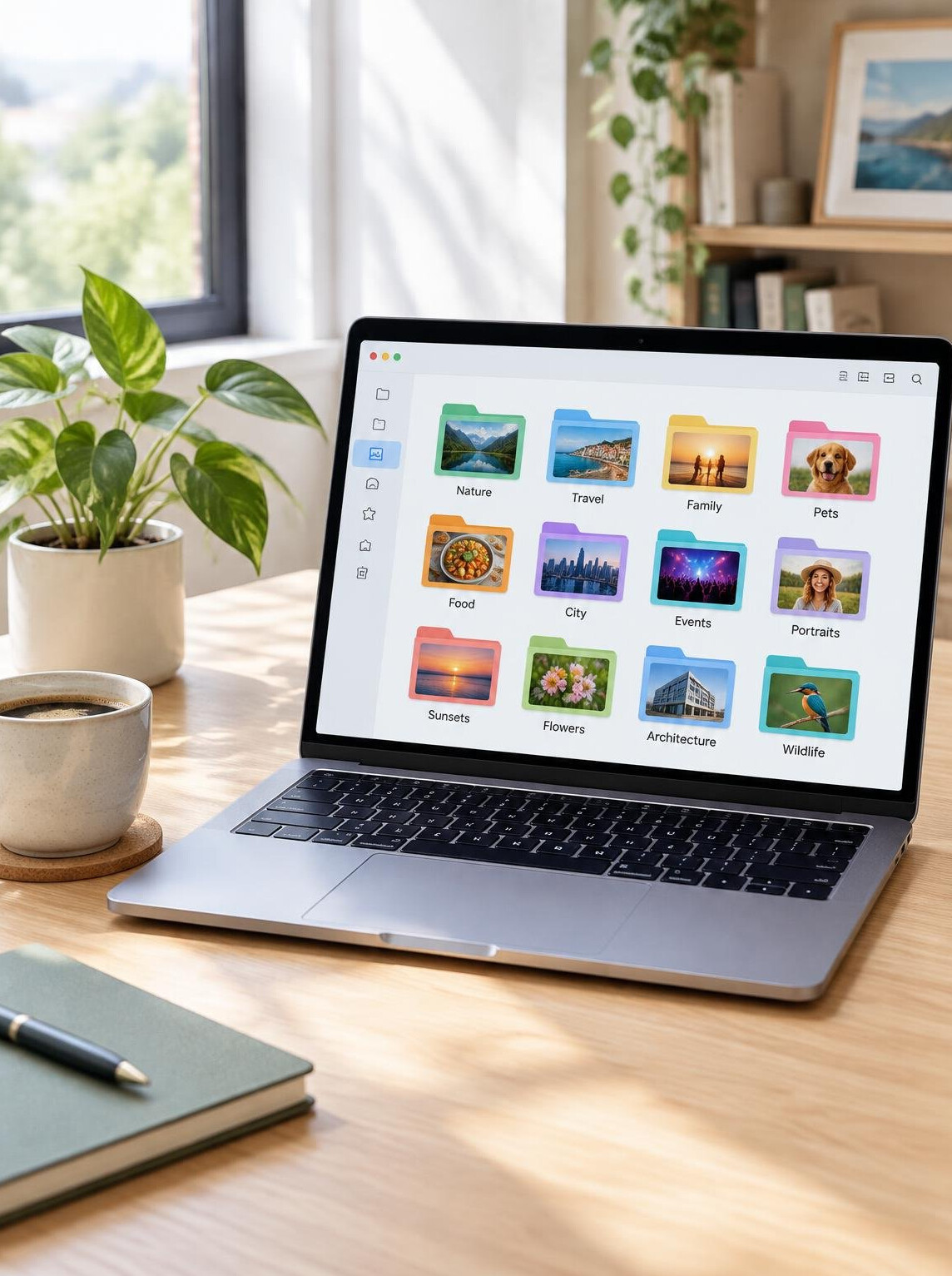 Laptop screen showing neatly organized photo folders on a bright desk